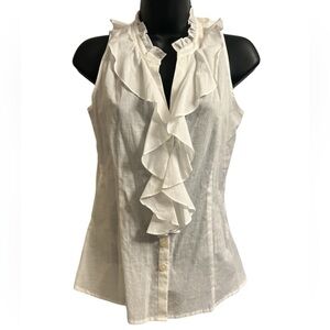 Anne Taylor White Ruffle Front 100% Cotton Sleeveless Blouse Sz 0P NWT